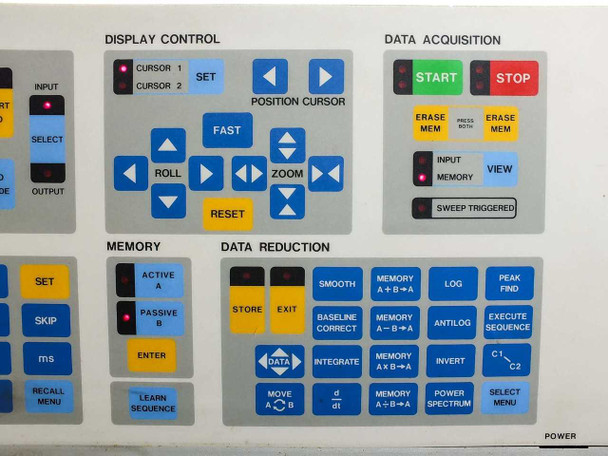 Nicolet 1270 IDACS – close-up of front panel right side showing Display Control with cursor/position controls, Memory with Active/Passive banks, and Data Reduction section