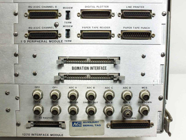 Nicolet 1270 IDACS – rear I/O Peripheral Module showing RS-232C Channel A and B, Modem, Digital Plotter, Line Printer, Paper Tape Reader/Punch connectors, and Biomation Interface ribbon connector; 1270 Interface Module with BNC array below