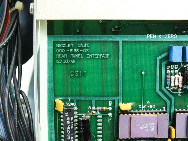 Nicolet 1270 IDACS – close-up of internal PCB silkscreen label reading 'Nicolet Inst. 000-8158-02 Rear Panel Interface 12/30/81 CSI-1' with visible ICs including LS240, DAC-80