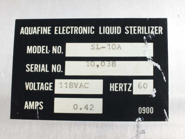 Aquafine SL-10A rating plate showing Model SL-10A, Serial No. 10038, Voltage 118VAC, Hertz 60, Amps 0.42