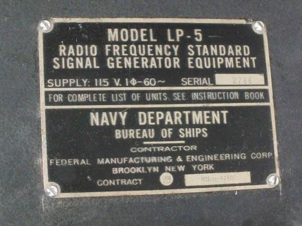 LP-5 Radio Frequency Standard Signal Generator nameplate — Navy Department Bureau of Ships, 115V 1-phase 60Hz, serial 2785