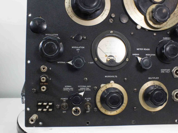 LP-5 front panel lower-left detail — modulation controls, internal/external switch, power and plate toggle switches