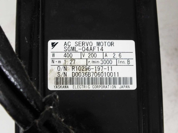 Yaskawa SGML-04AF14 motor nameplate label showing 400W, 200V, 2.6A, 1.27 N·m, 3000 RPM, Ins. B, Order No. R10296-197-11