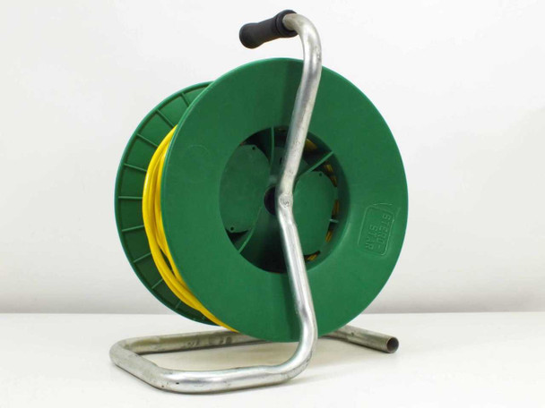 In-Situ PXD-260 cable reel – rear view showing green reel body, carry handle, and galvanized metal stand