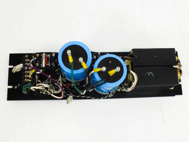 Mallory CGS403U040X4C capacitor bank – top-down view showing full assembly with both capacitors, transformer, relay, and wiring on 3U rack panel