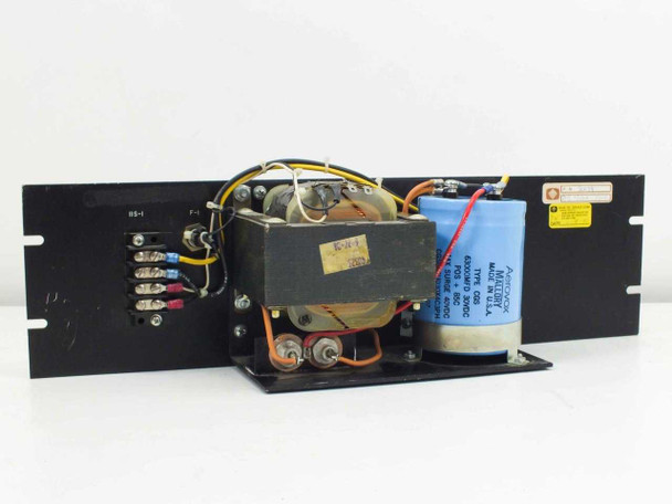 Rear view of 3U rackmount panel showing Mallory Aerovox CGS 63000MFD 30VDC capacitor and transformer with terminal block and wiring harness