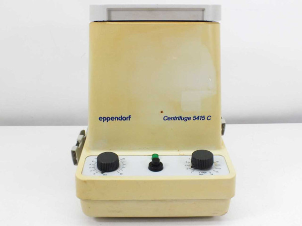 Eppendorf Centrifuge 5415C front view with lid open, showing control panel with two knobs and green indicator light
