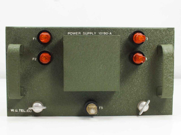 PTC 10190-A front panel — straight-on view showing four orange indicator lamps labeled F1, F2, 3, 4, fuse position F5 at bottom center, and W.U. Tel. Co. logo lower left