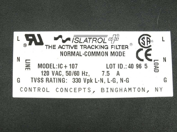 Islatrol IC+107 rating plate close-up — Model IC+107, 120VAC 50/60Hz 7.5A, TVSS 330Vpk L-N L-G N-G, Control Concepts Binghamton NY, UL CSA CE marks