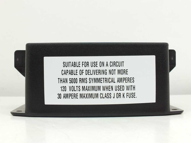 Control Concepts Islatrol IC+107 — side view showing circuit warning label: suitable for use on circuit capable of 5000 RMS symmetrical amperes, 30A Class J or K fuse