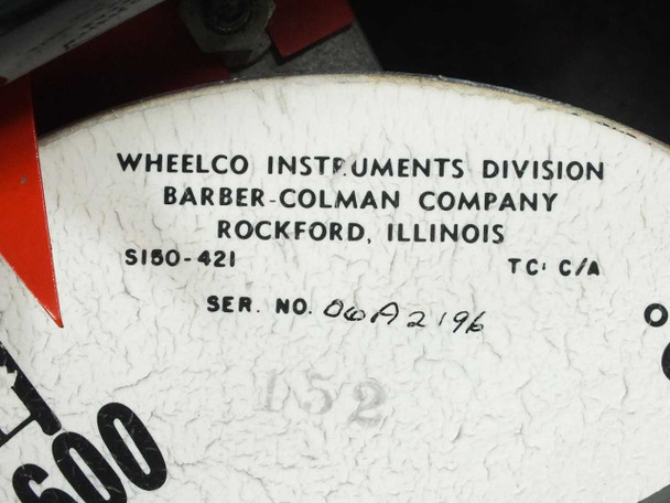 Close-up of Wheelco Amplitrol 152 dial face showing Wheelco Instruments Division, Barber-Colman Company label, model S150-421, TC: C/A designation, and serial number 06A2196