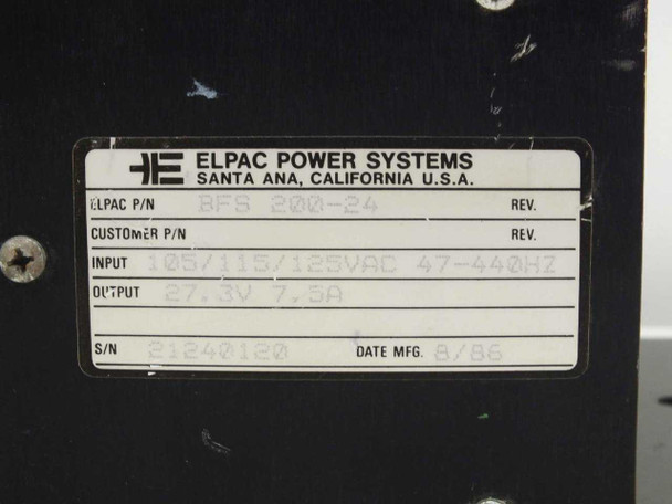 Elpac BFS 200-24 rating plate label showing input 105/115/125VAC 47-440Hz, output 27.3V 7.5A, serial number and date MFG 8/86