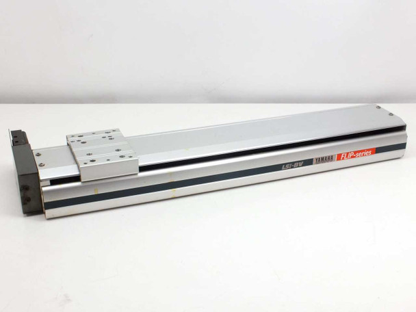 Yamaha LS1BRV-450 FLIP-Series screw-driven linear slide – left side profile view showing aluminum extrusion body and carriage