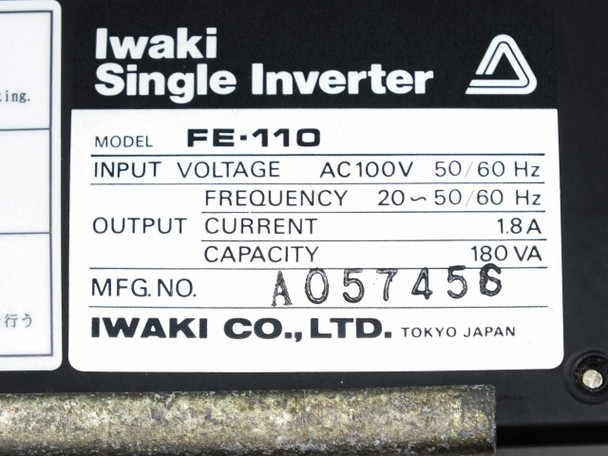 Iwaki FE-110 rating plate — model FE-110, Input Voltage AC100V 50/60Hz, Output Current 1.8A, Capacity 180VA, MFG No. A057456, Iwaki Co. Ltd. Tokyo Japan