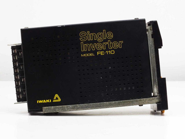 Iwaki FE-110 Single Inverter — left side panel view showing 'Single Inverter Model FE-110' and Iwaki logo in gold lettering on black housing with mount rack visible