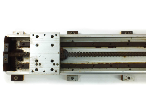 Yamaha LS1BL-850 carriage and ball screw detail showing threaded screw drive, linear guide rails, and rust on screw and rails