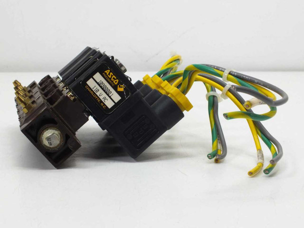ASCO Pneumatic 10900001 solenoid valve assembly angled view showing ASCO logo label and yellow connector housings with leads