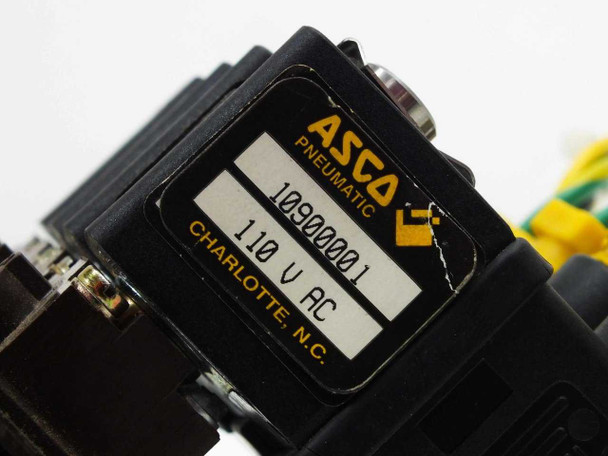 ASCO Pneumatic label close-up showing part number 10900001 and 110V AC voltage rating, Charlotte NC
