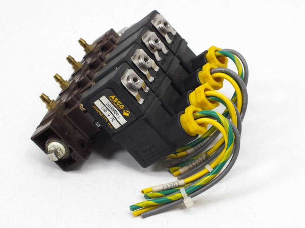 Asco 10900001 solenoid manifold assembly – front-right angled view showing Asco label, four solenoid coil blocks, and wiring harness