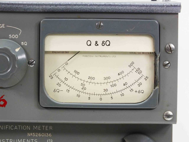 Close-up of Q & δQ analog meter face showing dual Q and delta-Q scales with Marconi Instruments Ltd branding