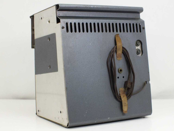 Rear view of Marconi TF 1245 showing ventilation slots and original brown power cable secured with leather strap