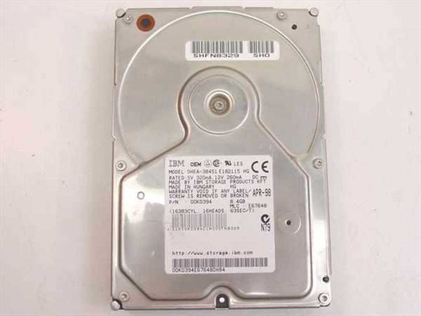 IBM DHEA-38451 8.4GB 3.5 inch IDE hard drive top view showing label with model and part number 00K0394