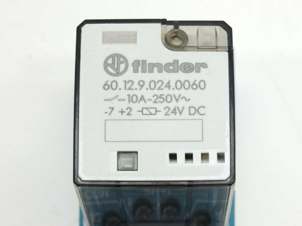 Finder 60.12.9.024.0060 relay label close-up showing 10A 250V AC contact rating and 24V DC coil voltage