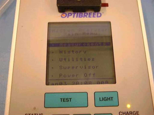 Optibreed SQA III main menu screen showing Measurements, History, Utilities, Supervisor, and Power Off options with TEST and LIGHT buttons visible