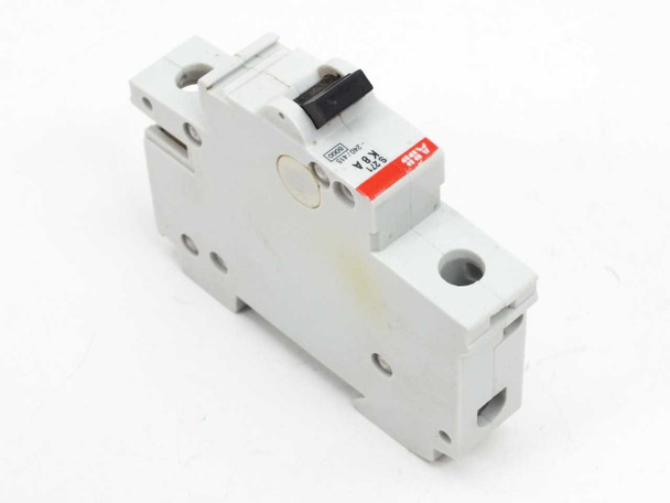ABB S271-K8A 1-pole DIN rail circuit breaker — front left 3/4 view showing black toggle handle and red ABB label