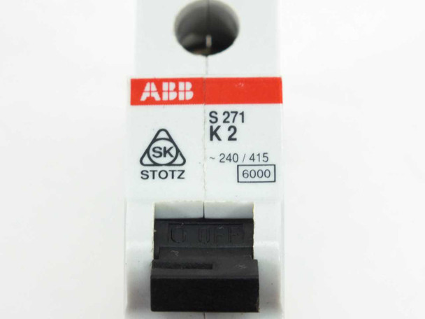 ABB S271-K2 label close-up showing S271, K2, 240/415V rating, 6000A interrupting capacity, and Stotz logo