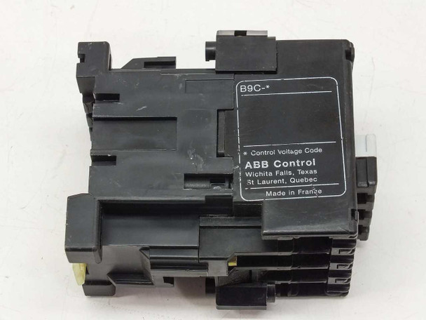 ABB B9-30-10 Control Contactor — right-side view showing B9C label, ABB Control branding, Wichita Falls TX / St. Laurent Quebec, Made in France