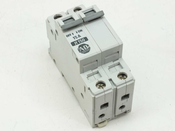 Allen-Bradley 1492-CB2 H150 2-pole 15A circuit breaker — front view showing OFF/ON toggle and H150 label