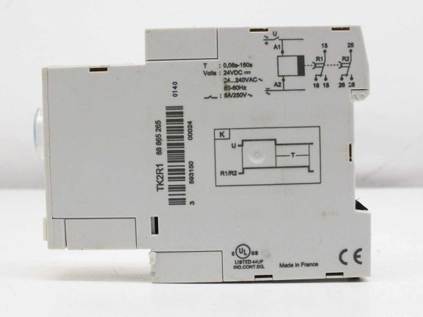 Crouzet TK2R1 Chronos 2 timer relay — second rear view showing barcode label with part number 88865265, UL/CE marks, wiring schematic, and Made in France stamp