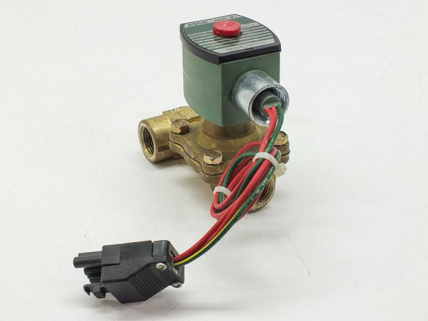 ASCO 8210G34N solenoid valve — right-side view with wiring harness fully extended showing red, green, and white leads with black multi-pin connector