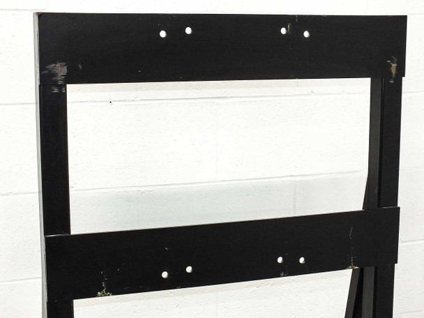 Close-up of upper mounting bracket on black A-frame cart chassis showing bolt hole pattern on top and lower rails
