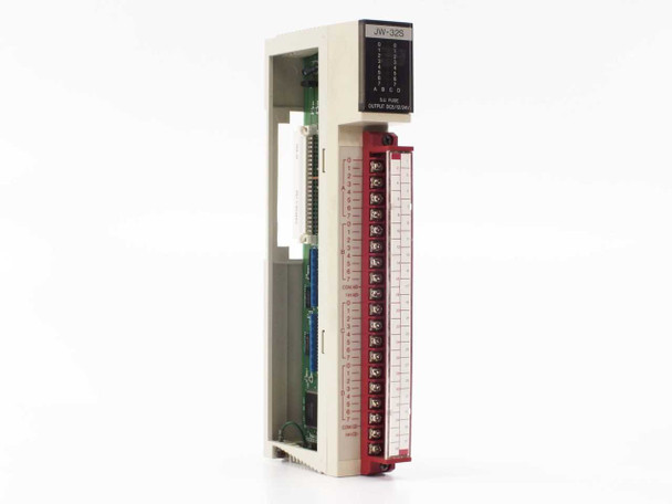 Sharp JW-32S DC Output Module — left-side angled view showing terminal block and module housing