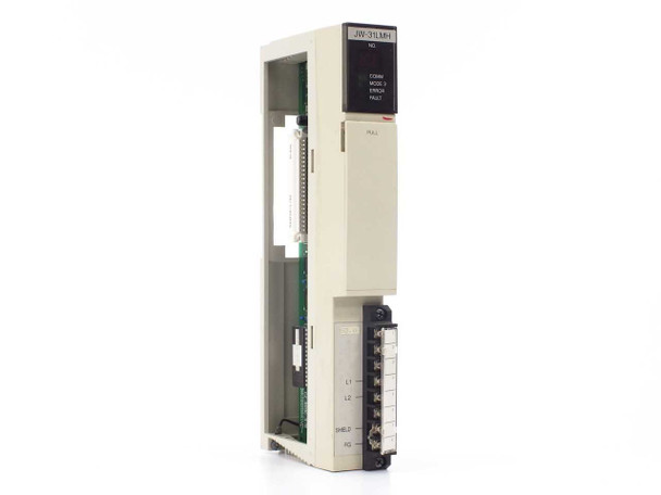 Sharp JW-31LMH I/O Link Master Module – left-side angled view showing front panel with LED indicators and terminal block