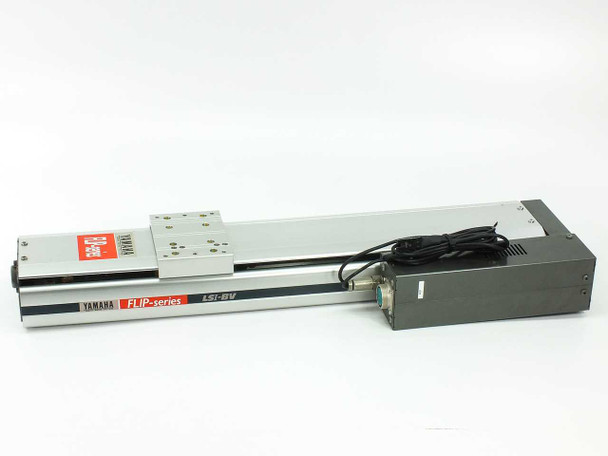 Yamaha LS1BRV-450 FLIP-Series linear slide – left-side view showing full length with motor drive box and cable attached