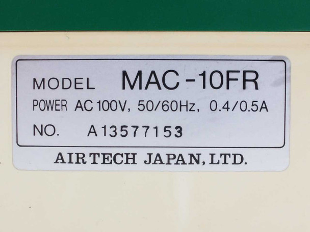 Airtech MAC-10FR rating plate closeup — model MAC-10FR, AC 100V 50/60Hz 0.4/0.5A, serial A13577153, Airtech Japan Ltd.