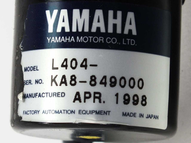Yamaha Motor Co. Ltd label on motor showing Model L404, Serial No. KA8-849000, Manufactured APR. 1998, Factory Automation Equipment, Made in Japan