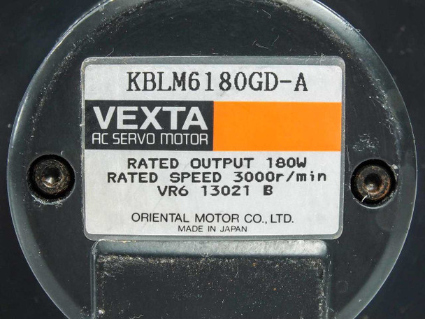 Vexta KBLM6180GD-A motor nameplate: AC Servo Motor, Rated Output 180W, Rated Speed 3000 r/min, VR6 13021 B, Oriental Motor Co. Ltd.