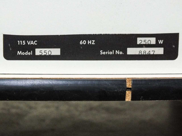 Electrocorp Model 550 rating plate showing 115 VAC, 60 Hz, 250 W, Model 550, Serial No. 8847