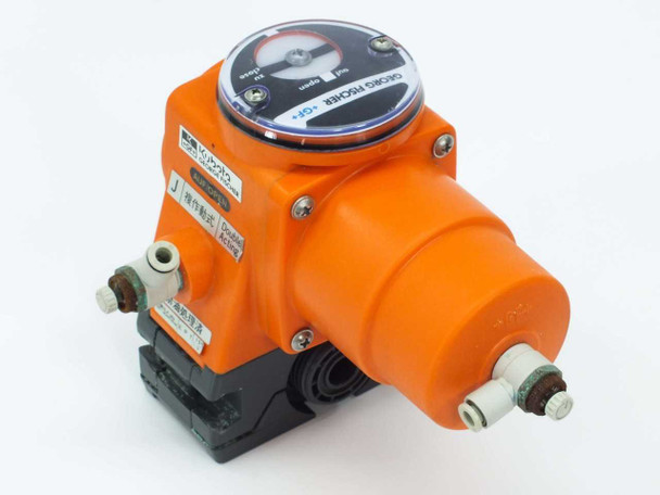 Georg Fischer +GF+ Type J pneumatic ball valve side view showing Japanese Kubota co-branding label and push-in air fitting adapters