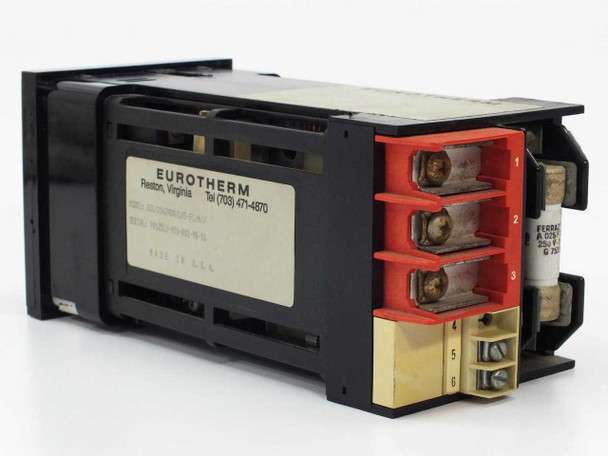 Eurotherm 831 Digital Power Controller — rear view showing red terminal block (positions 1–3), gold terminals (4–6), and Ferraz fuse assembly with wiring label