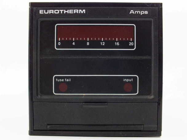 Eurotherm 831 Digital Power Controller — front face closeup showing LED bar graph display (0–20 Amps scale), Fuse Fail and Input indicator LEDs, and card slot