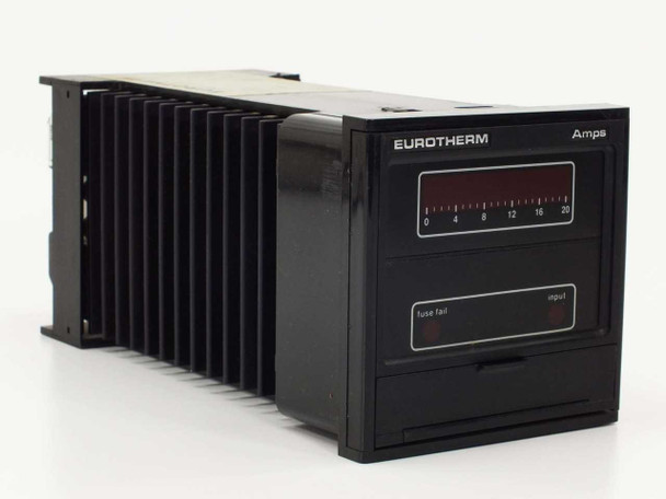 Eurotherm 831/20A240V/LVS-FC/M Digital Power Controller — front-right three-quarter view showing LED amp display, heatsink fins, and panel mount bracket