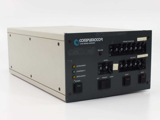 Compumotor 2100-1-S 2100 Series Indexer – front panel with Preset Position and Velocity thumb wheels, On Line indicator, and Start/Stop buttons