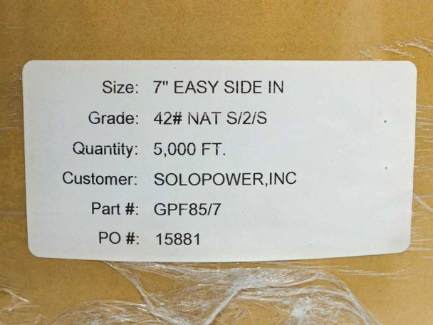 Close-up of product label showing size 7-inch Easy Side In, Grade 42# NAT S/2/S, 5000 ft, Part GPF85/7