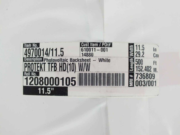 Madico Protekt TFB HD 10 W/W PV Backsheet — product label showing Item No. 4970014/11.5, Roll No. 1208000105, 11.5 in width, 500 ft length