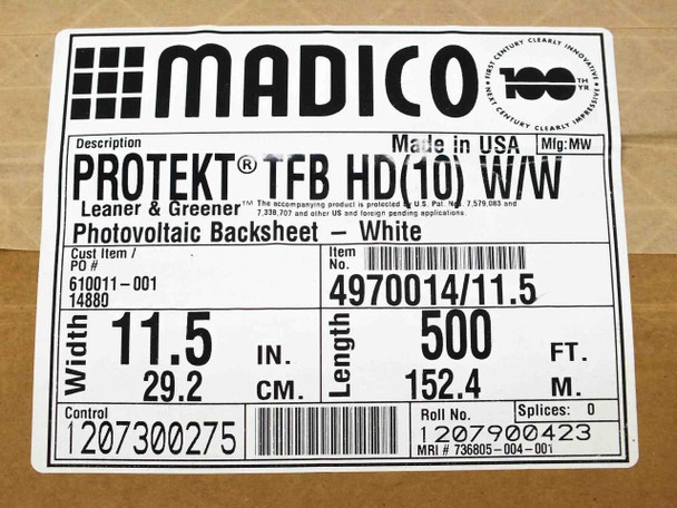 Madico Protekt TFB HD 10 W/W PV Backsheet — box label showing brand, description Photovoltaic Backsheet White, dimensions 11.5 in x 500 ft, Made in USA, Control No. 1207300275